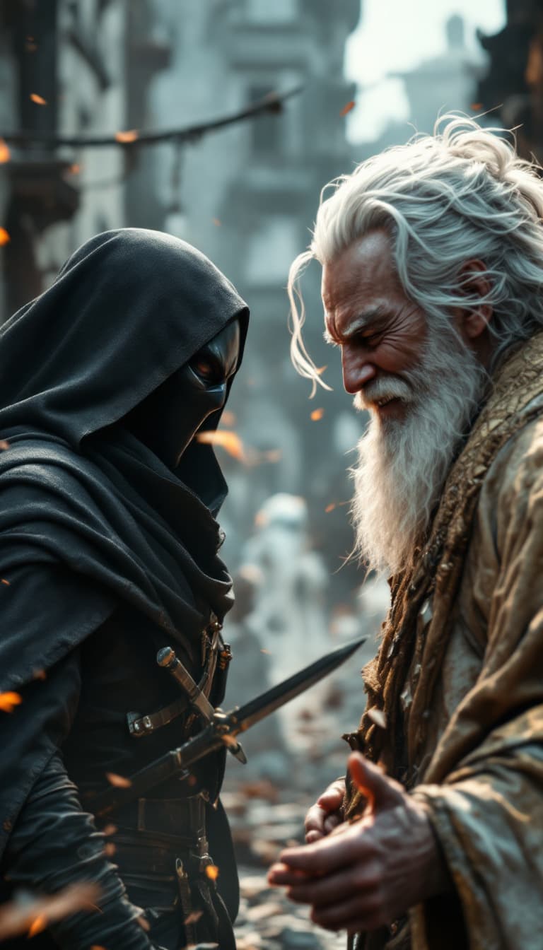 AI generated: A powerful, cinematic rendering in 8k octane, showing an ancient conflict: A wise, white-bearded sag...