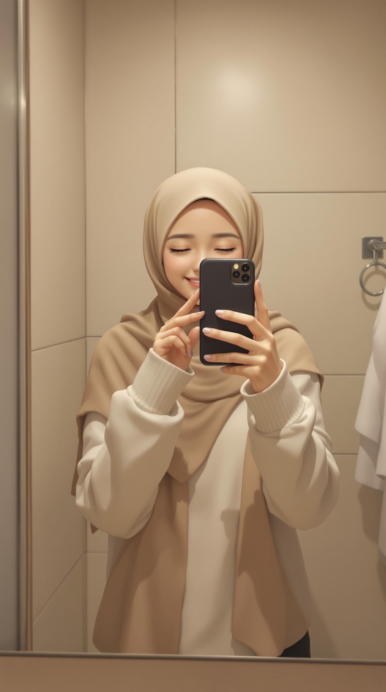 AI generated: anime, 1girl, wearing a hijab smiles, mirror selfie. She is wearing a white sweater and a beige hija...