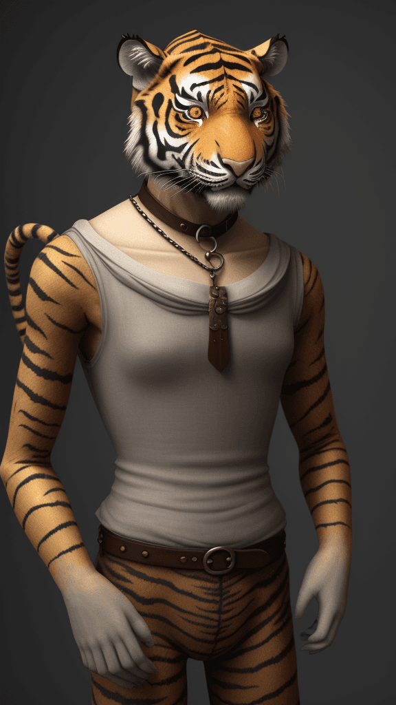 AI generated: A Horrible Millennial Linen tiger, fright, 3D render, renaissance, serial art, slave collar, popular...