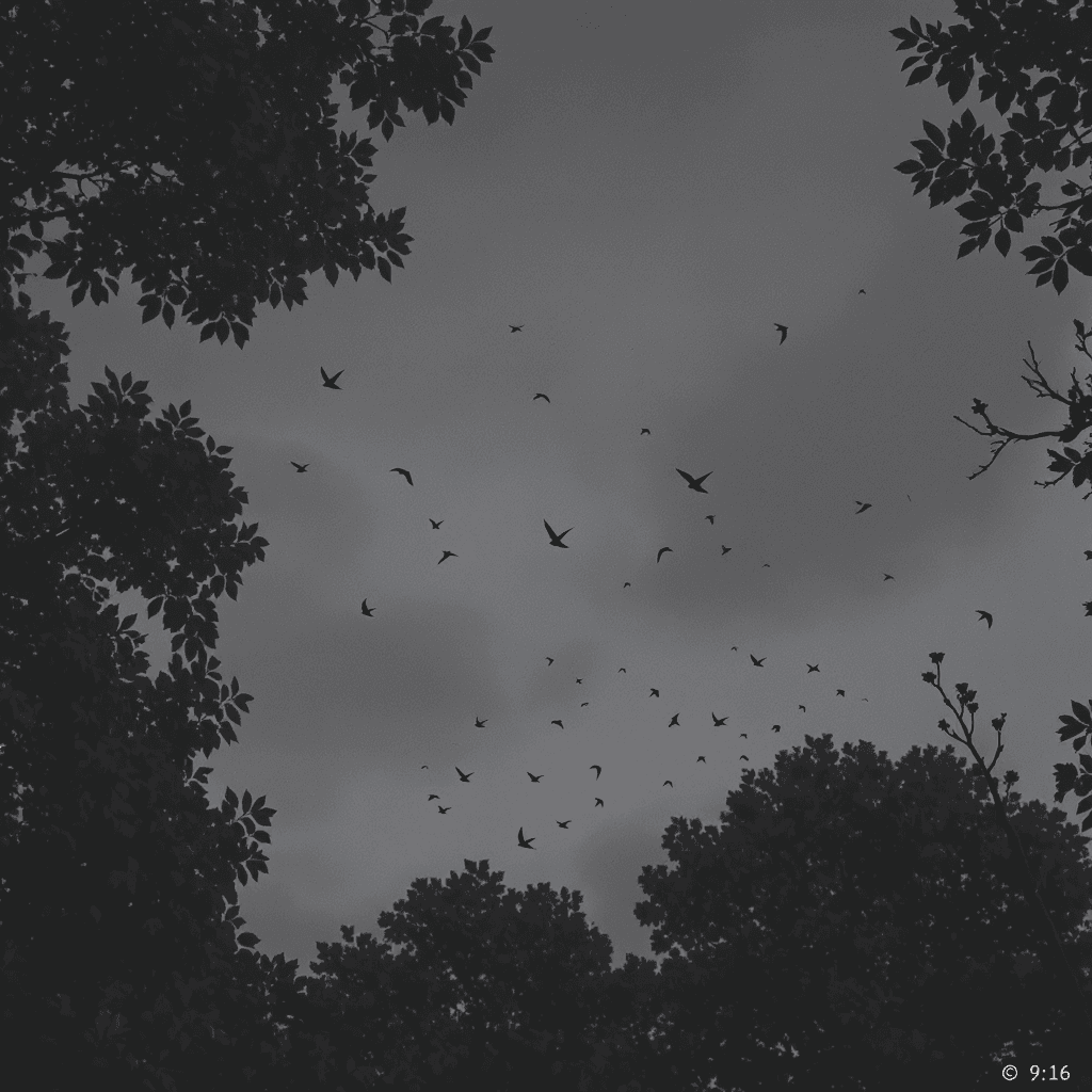 AI generated: Silencioso cielo gris dentro del bosque, ramas altas cruzándose. Varias criaturas pequeñas volando: ...