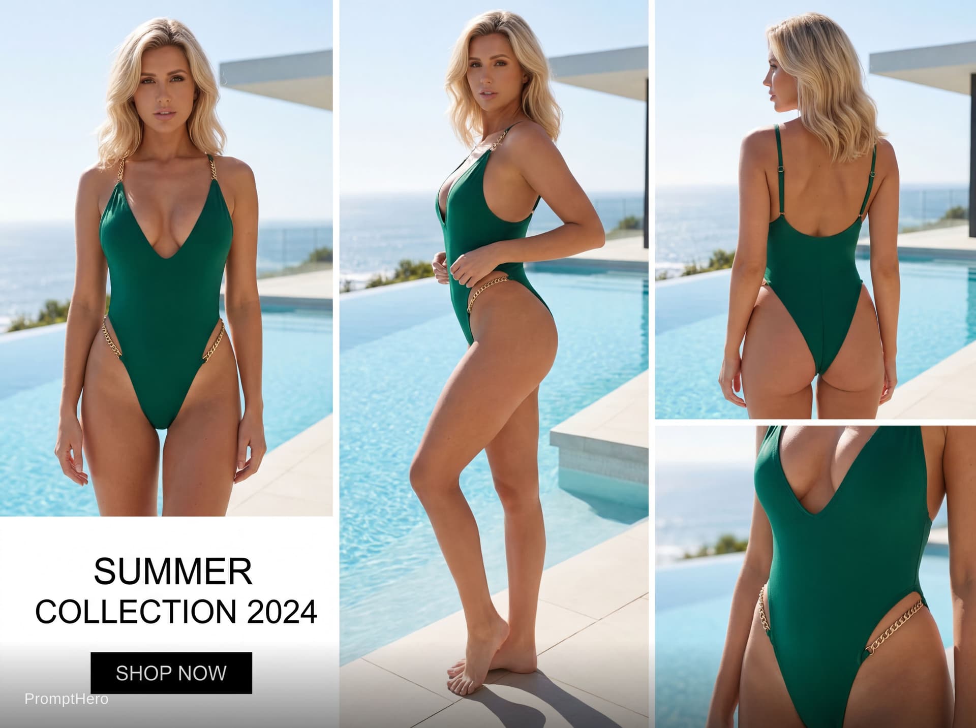 AI generated: professional photo shoot for luxury fashion brand. wears a modern highcut swimsuit. model is standin...