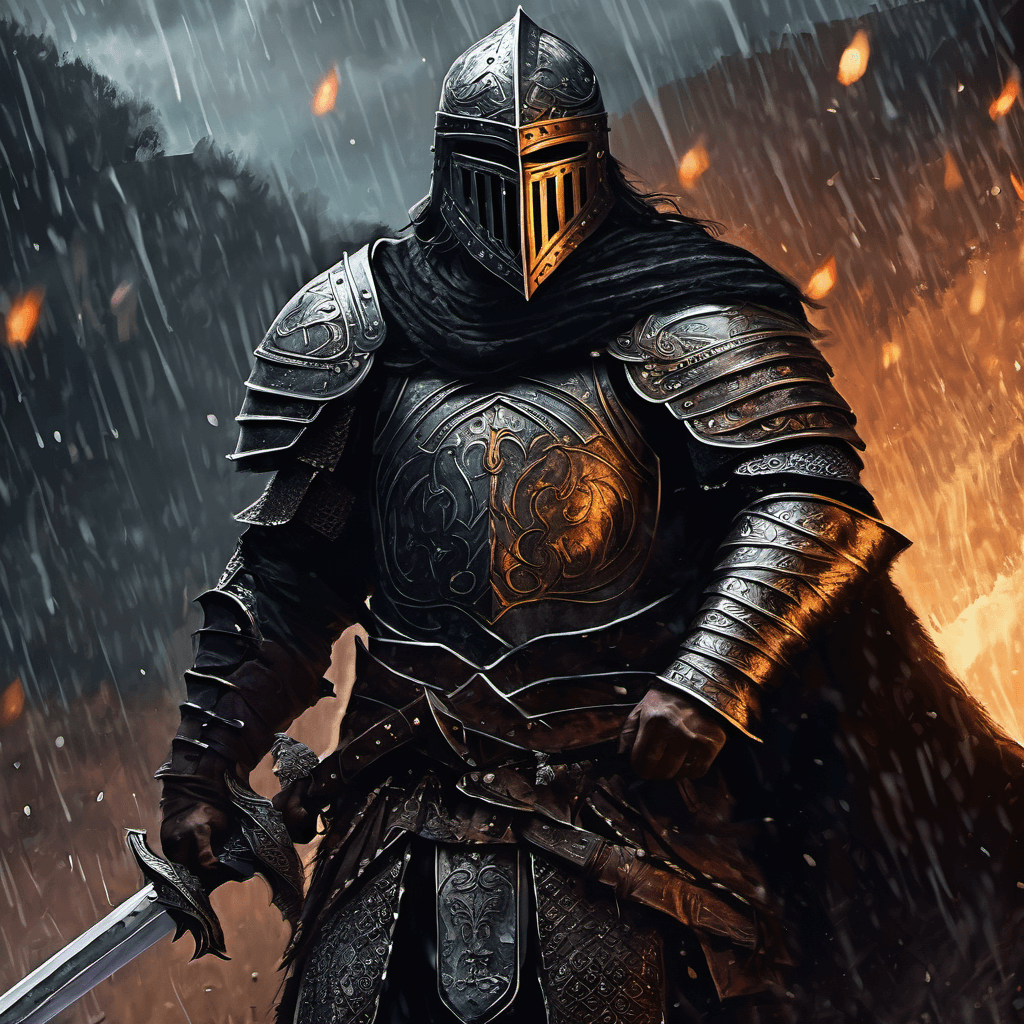 AI generated: medium close up, stunning illustration of a legendary gladiator, heavy black medieval armor, masked ...