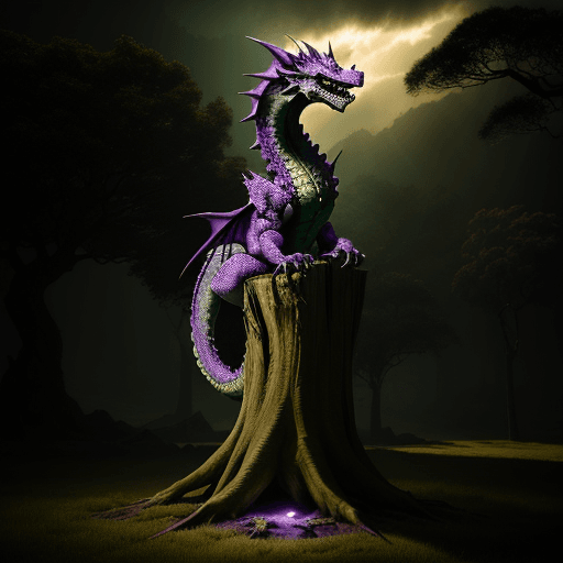 AI generated: green and purple 7 head dragon standing old tree 
light, pale sunrise, cinematic lighting, 