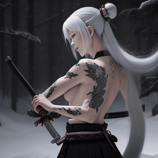 AI generated: In Japan, Akane, a samurai with her beautiful snow-white hair mysteriously tattooed, is called upon ...