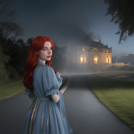 AI generated: A doll in haunted house, with scattered red hair, detail blue eyes, UHD, 4K, Extra grass around aban...