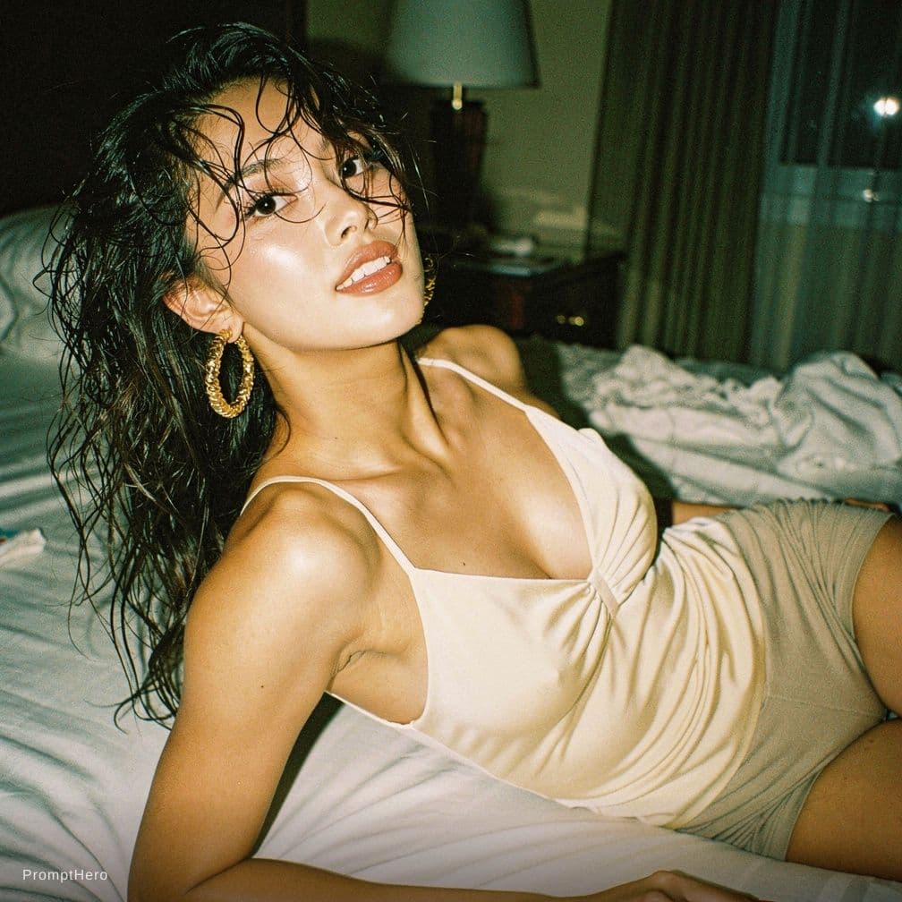 AI generated: on the bed, top view, half-naked, topless, inside motel room, wet hair, wet body, tight fit contour ...