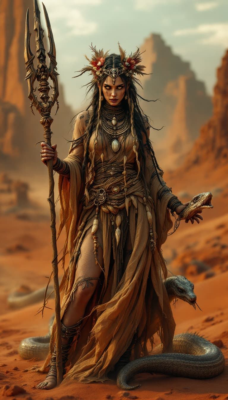 AI generated: An ultra-realistic, full-body static presentation of a desert witch woman, radiating a powerful, unt...