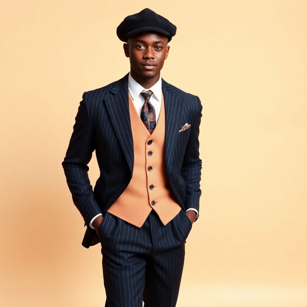 AI generated:   a full shoot of a A young afro American man dressed in a dark pinstripe suit with wide lapels, a c...