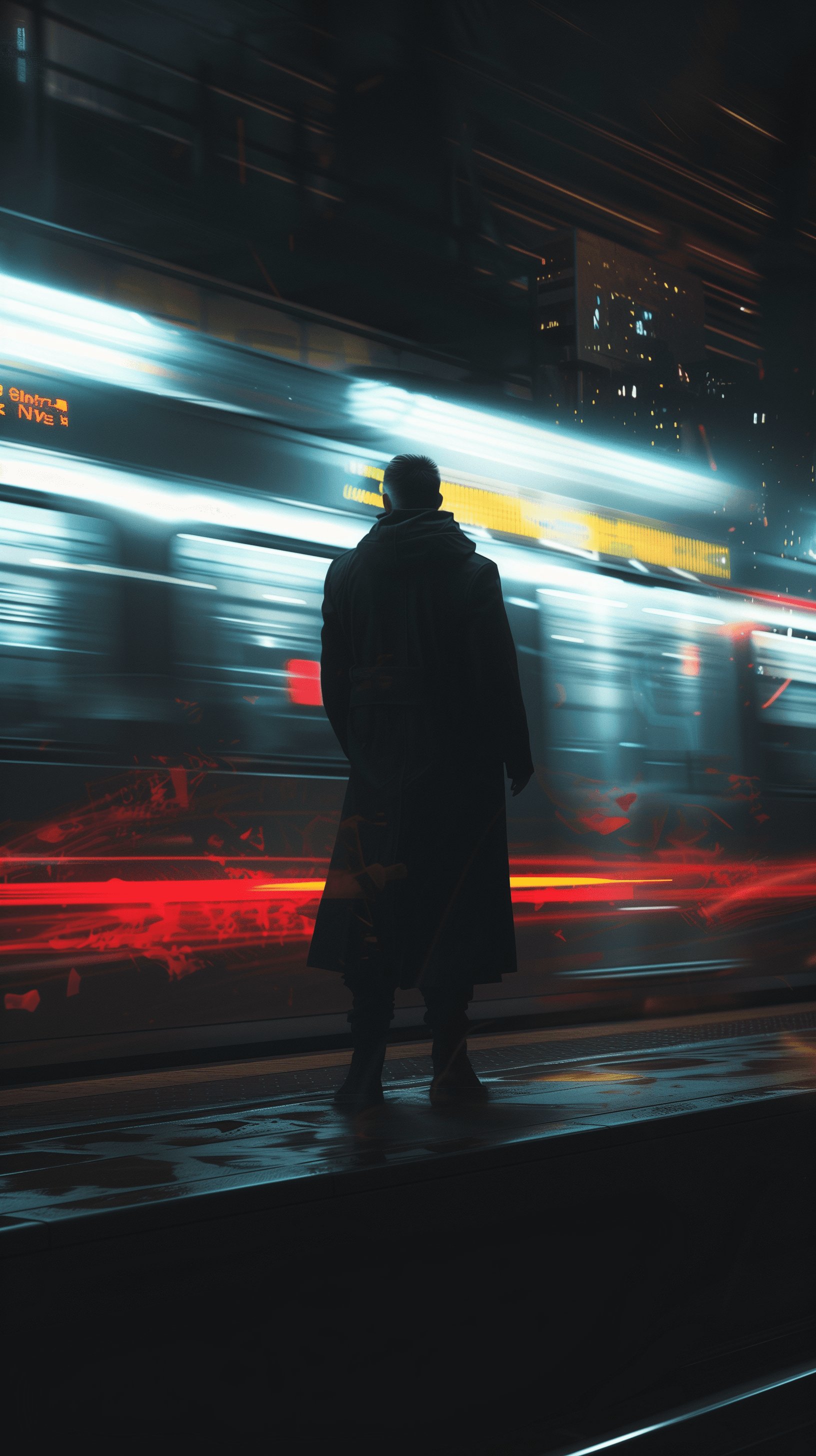 AI generated: depict a man in a dark coat standing still at a subway platform as a blur of a fast-moving train rus...