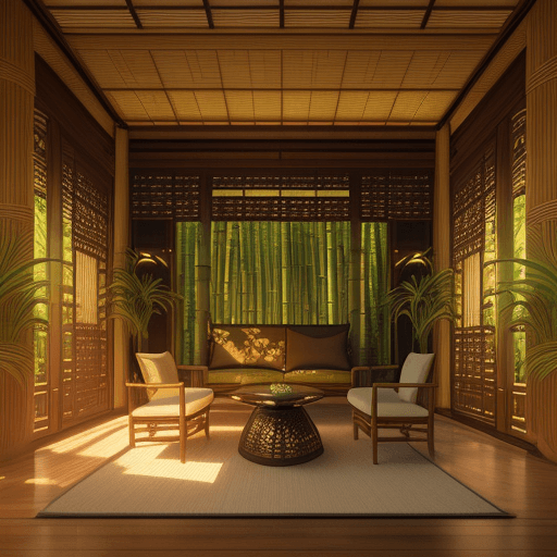 AI generated: futuristic bamboo kingdom. High resolution photography,  small windows opening onto the garden, bamb...