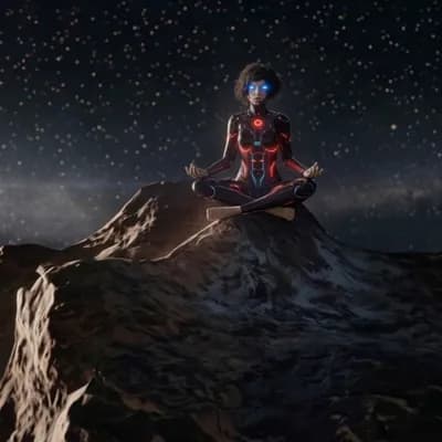 AI generated video: No BGM!  The image slowly zooms in toward the top to frame the cyborg