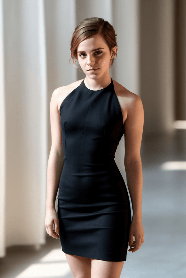 AI generated: (Emma Watson(looking at camera) wearing extremely tight dress:1.3), (curly hair:1.0), (wide hips:0.9...