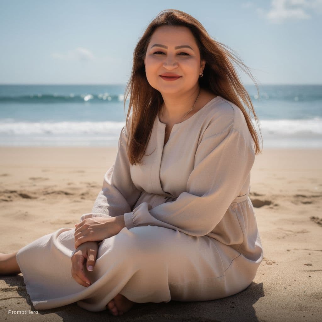 AI generated: A photograph of a full-figured woman, with the same facial features, a serene smile, even skin tone,...