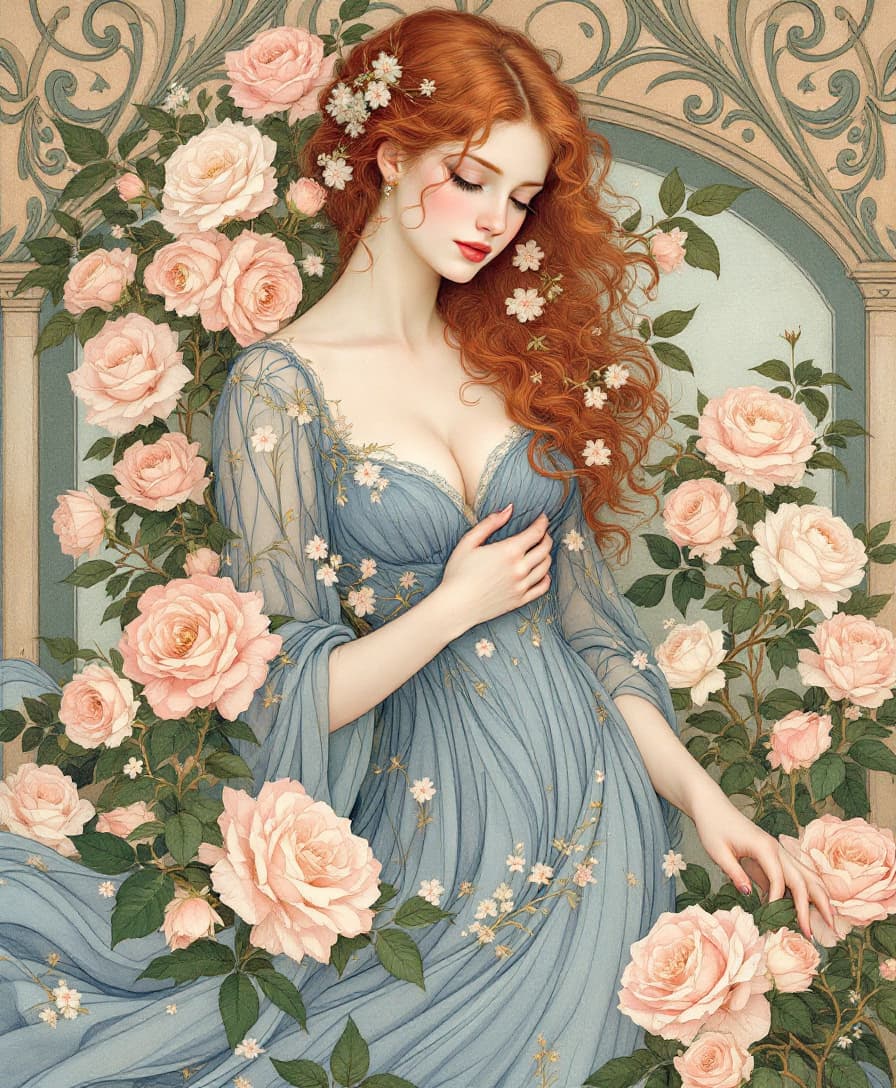 AI generated: Masterpiece, ('Rosamund, Queen of Roses' by John William Waterhouse in 1900), inspired by the style ...