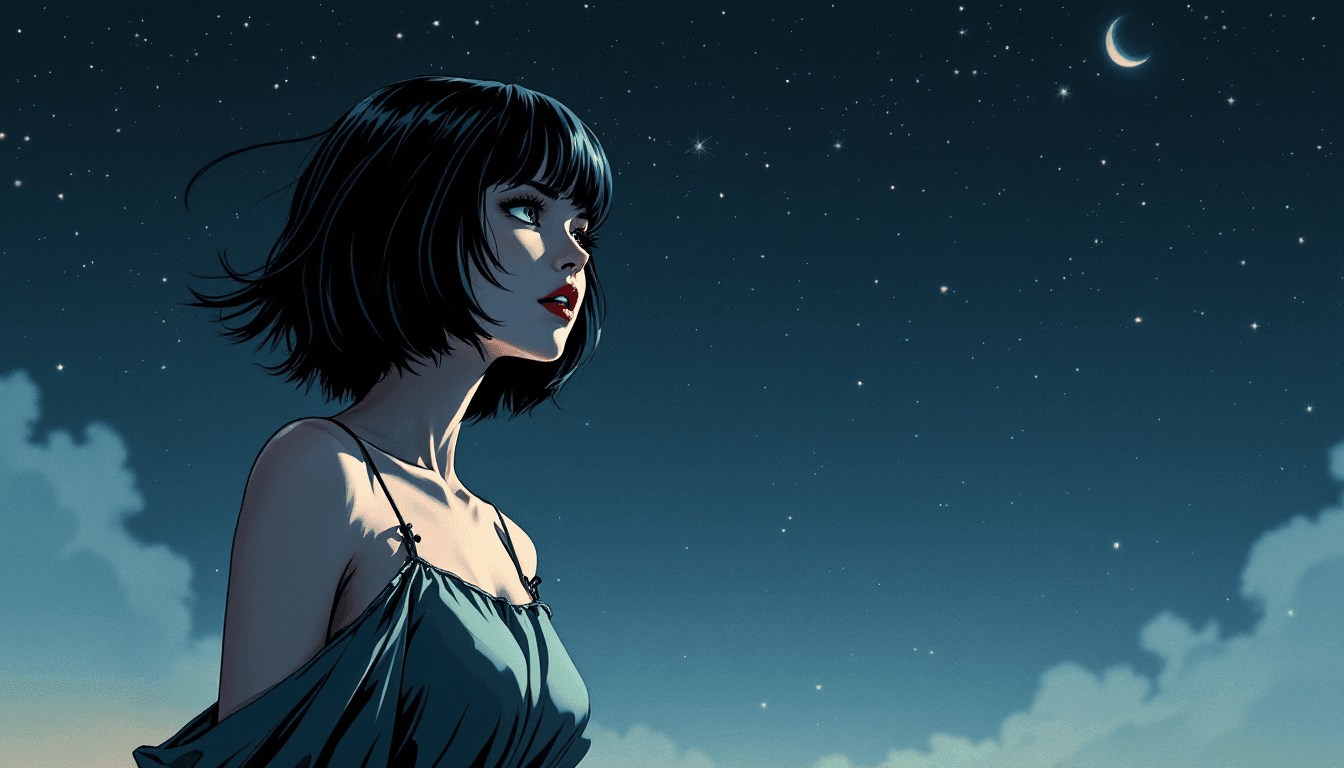 AI generated: A full body long shot of a manga anime of a woman with shoulder-length bob style hair and bangs, Cri...