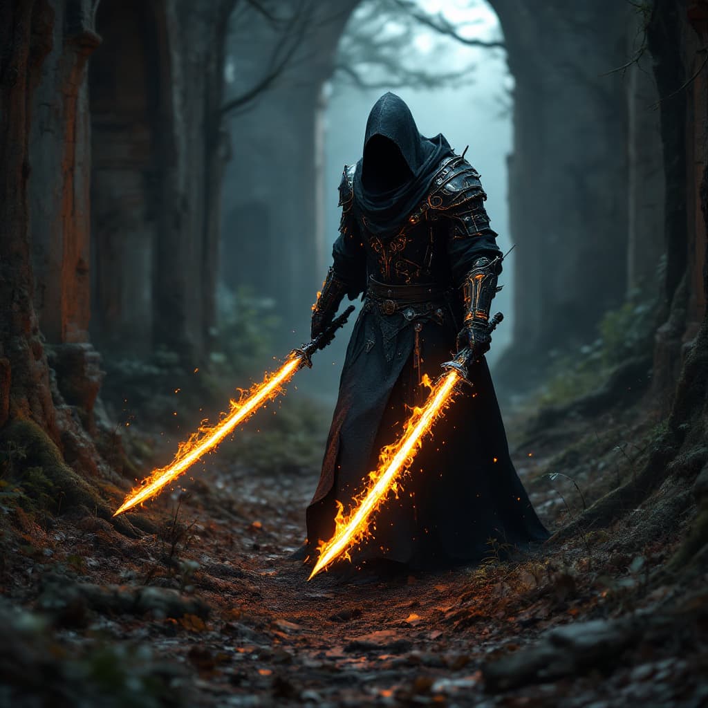 AI generated: Wallpaper medieval black wooded rebel knight cybernetic mage with cool robes and glowing flaming swo...
