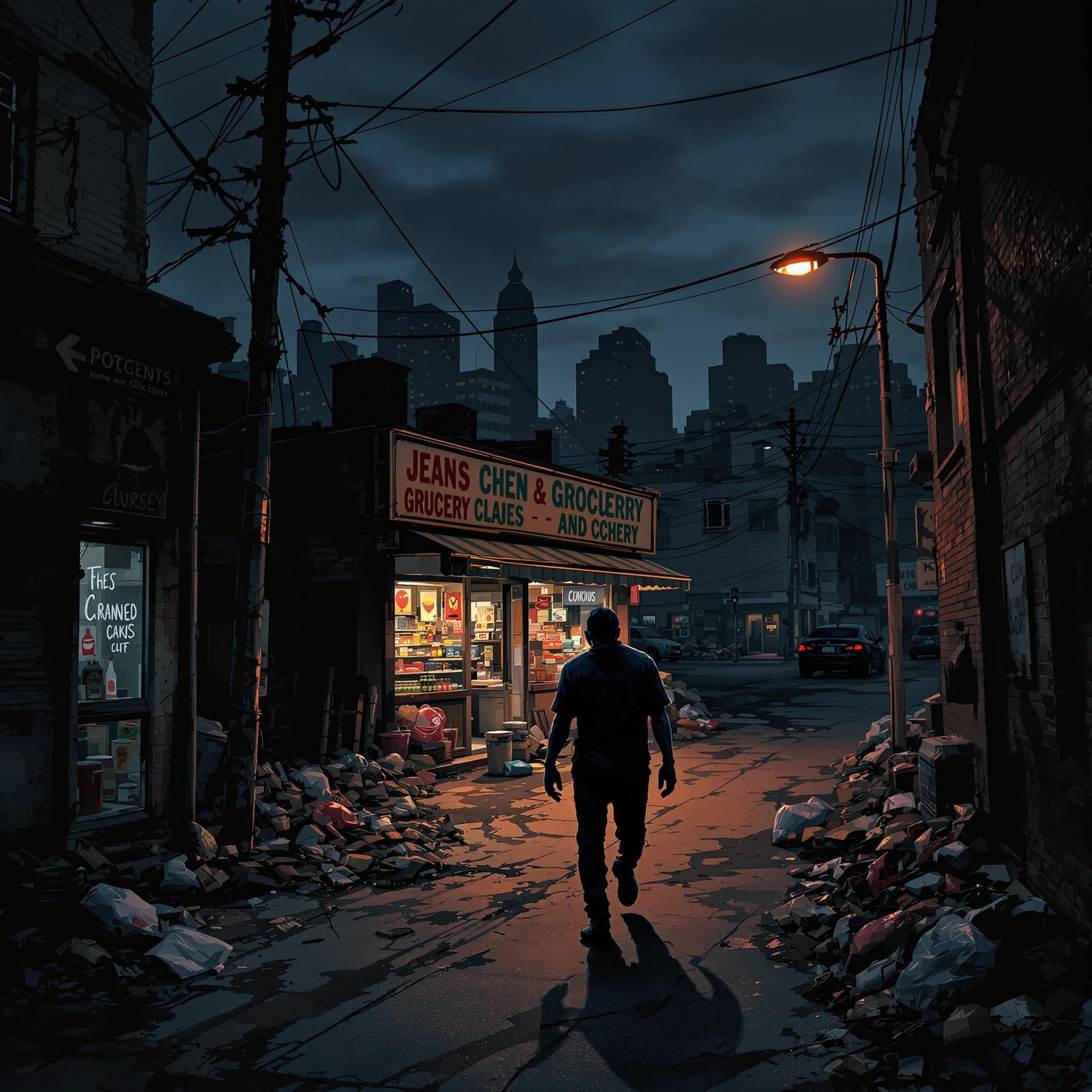 AI generated: A dimly lit alleyway at dusk, with the entrance to a small, rundown grocery store in the background,...