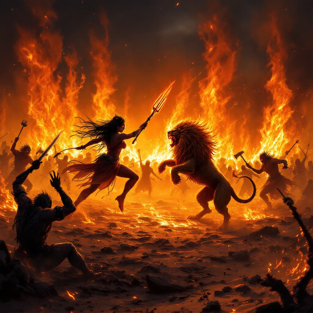 AI generated: The scene unfolds in a fiery desert battlefield at night, where the landscape is scorched, the air h...