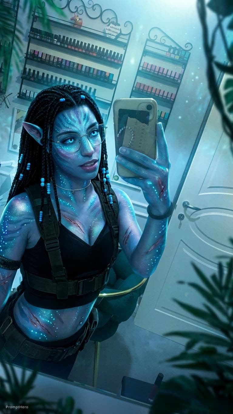 AI generated: blue humanoid avatar with bioluminescent avatar markings dots and patterns on their skin. Pointed el...