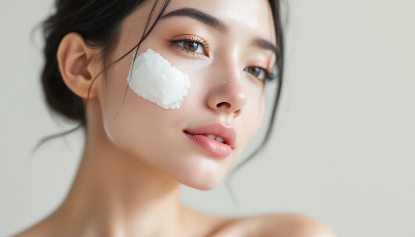 AI generated: Close-up of a young woman with healthy, radiant skin lightly adorned with facial foam, her features ...
