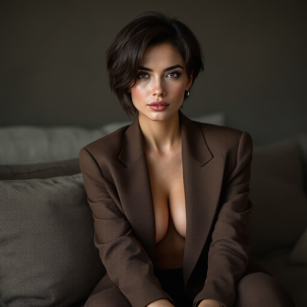 AI generated: A portrait of a milf with short dark brown hair, sitting on a couch, wearing a brown fantasy blazer ...