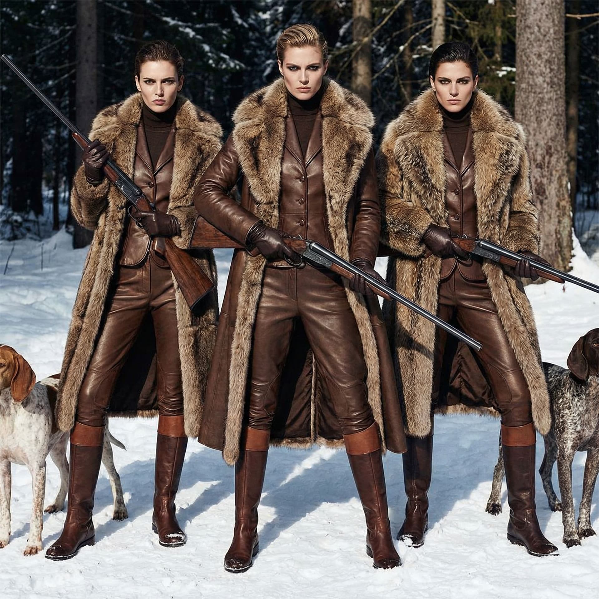 AI generated: Stylish modische 3 Dominante Jägerinnen ganz in Leder, Lederbrechess, auf der Jagd gerinnen ganz in ...