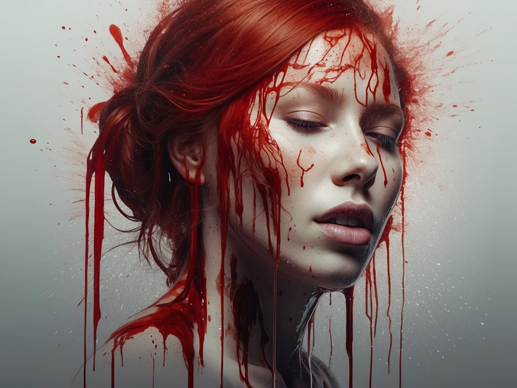 AI generated: a painting of a woman with blood dripping all over her face, a photorealistic painting by Gottfried ...