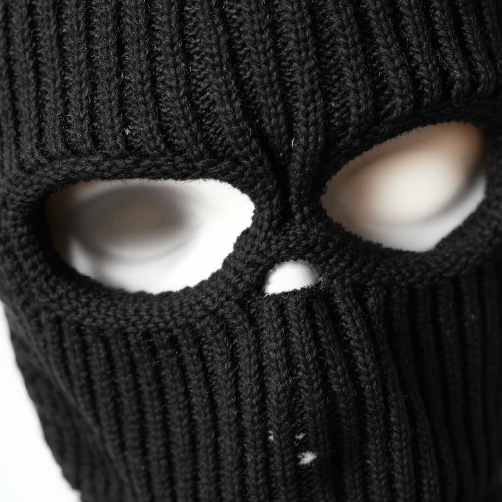 AI generated: a black ribbed knit skimask, two holes for the eyes, one hole for the mouth