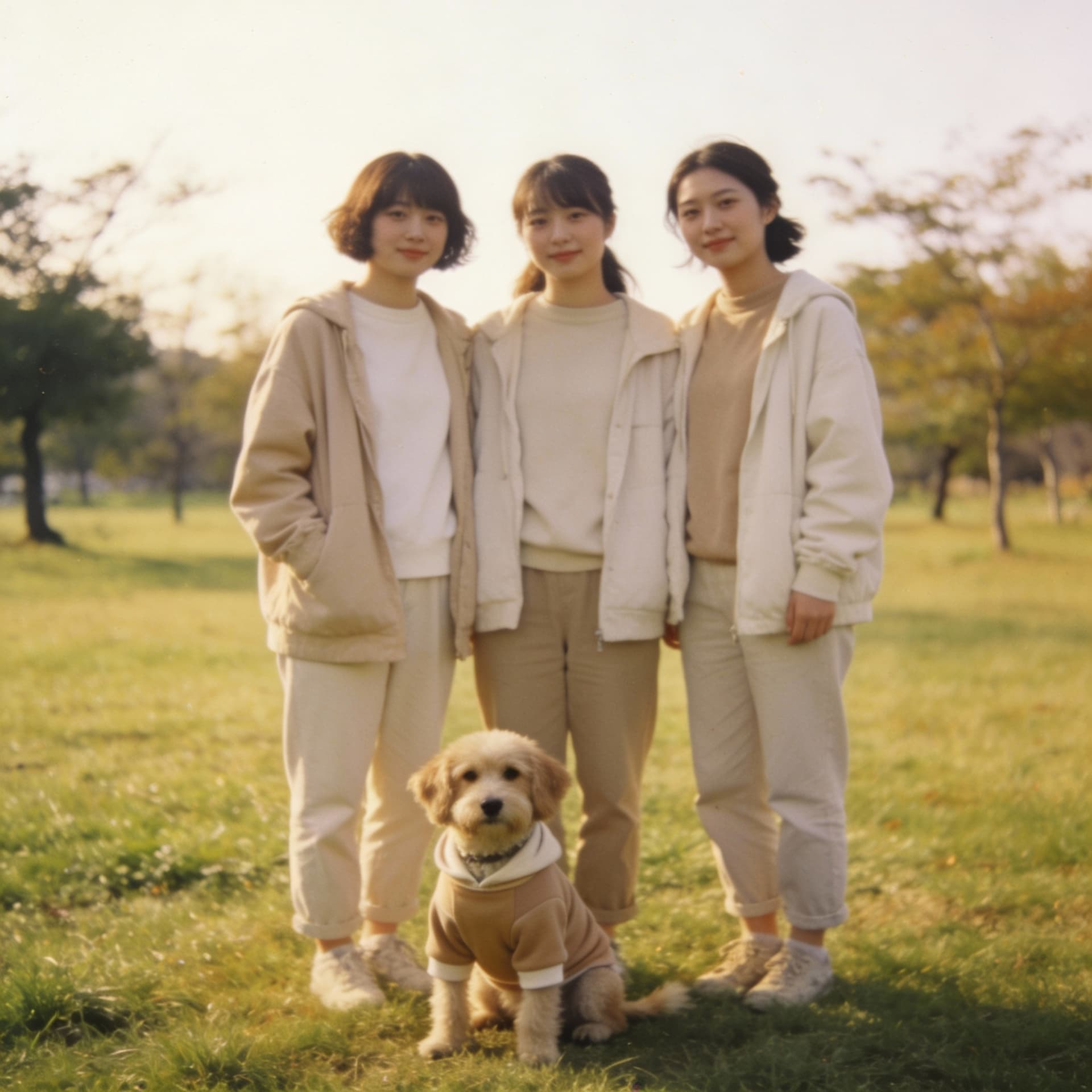 AI generated: Transform people into the image as friends standing close together in a softly coordinated, candid m...