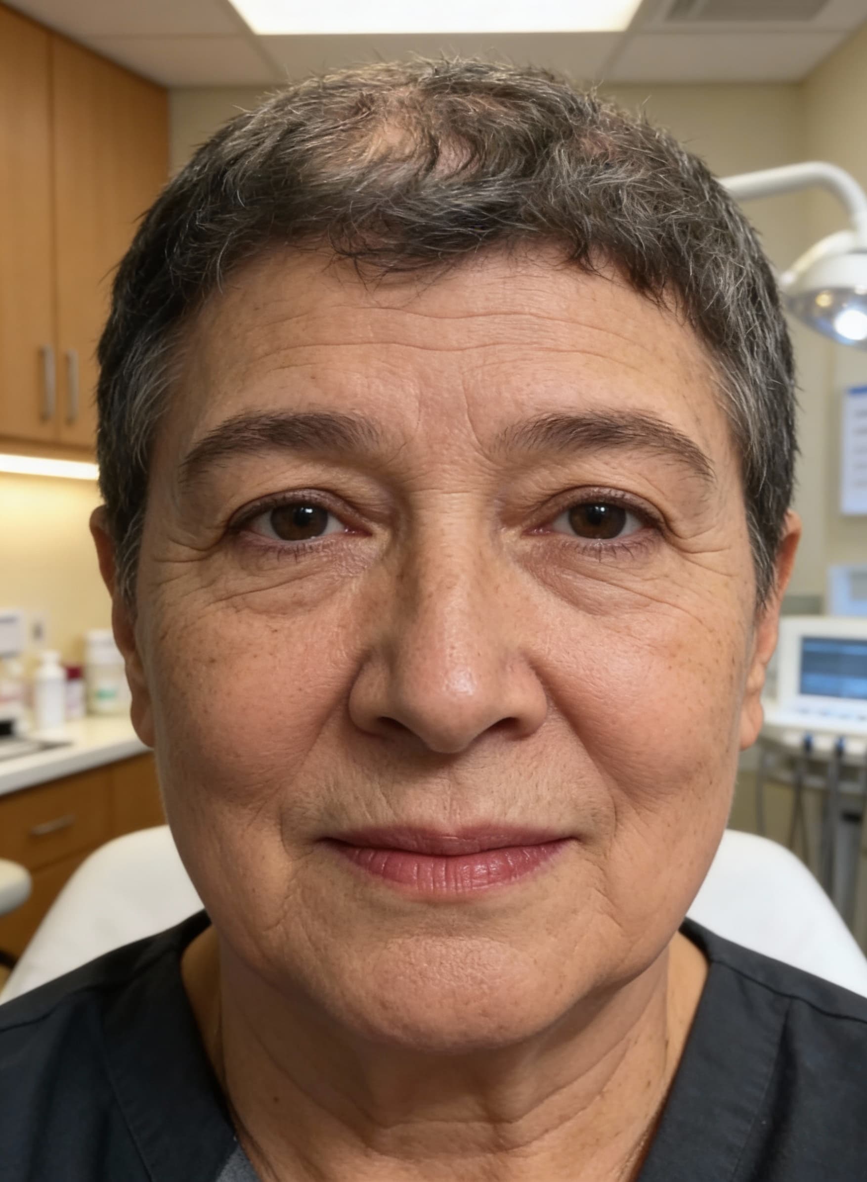 AI generated: Patient aged 50 sitting in a dermatology clinic 
in a warm vibe 
her face is full of aging lines and...