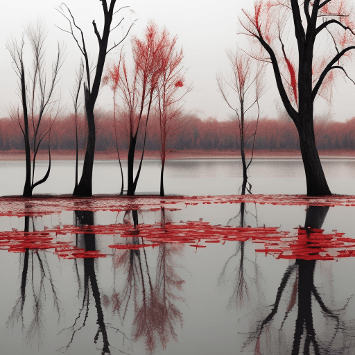 AI generated: Lake of scarlet rot. Withered trees. White Lilies across it's surface.