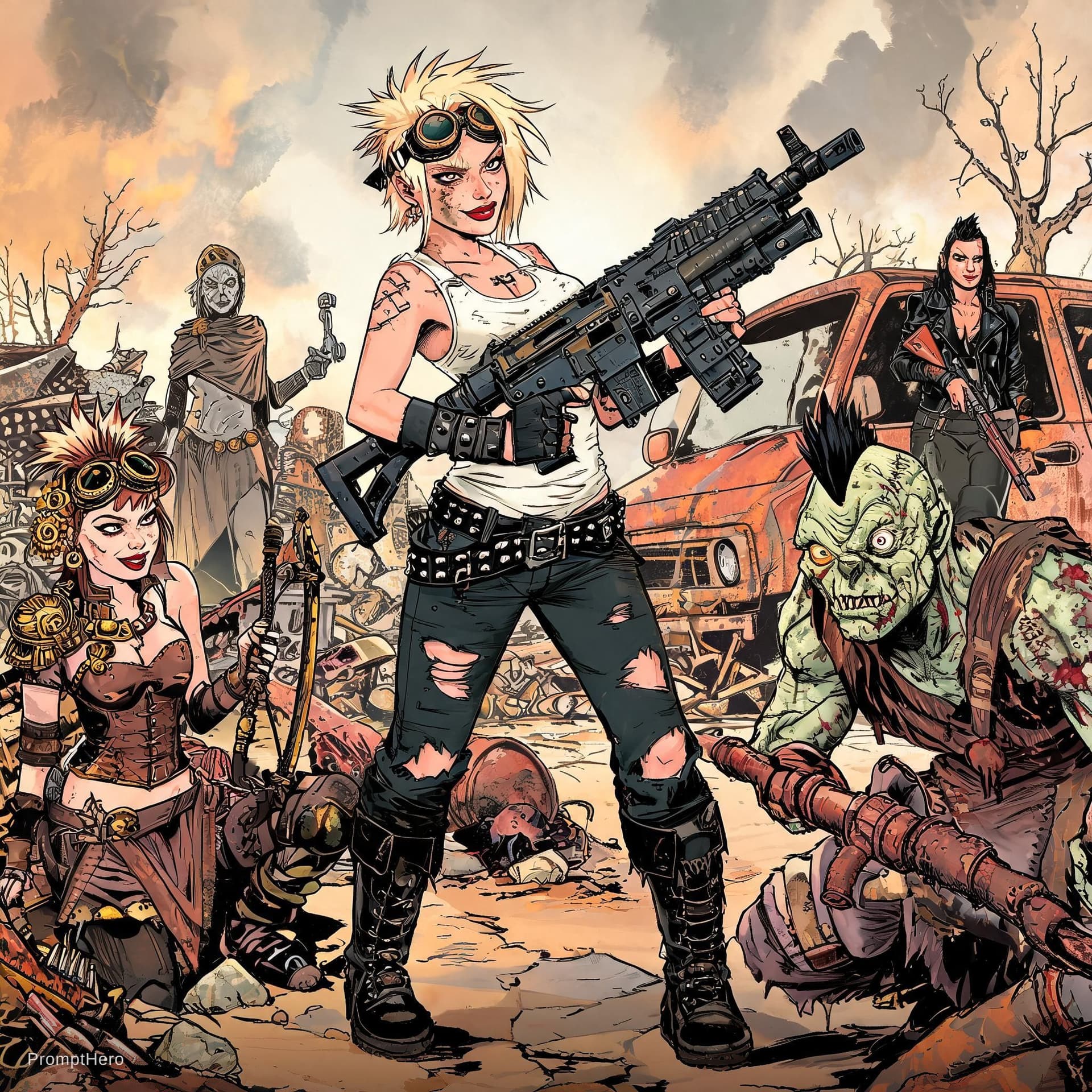 AI generated: Full body shot 3/4 view, young beautiful European woman, holding a gun, random illustrations to fill...