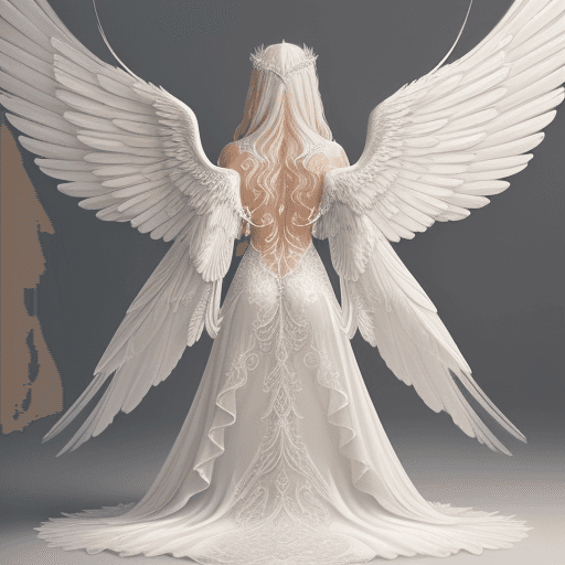 AI generated: A beautiful Angel, intricately designed gown that cascades down to the ground. The most striking fea...