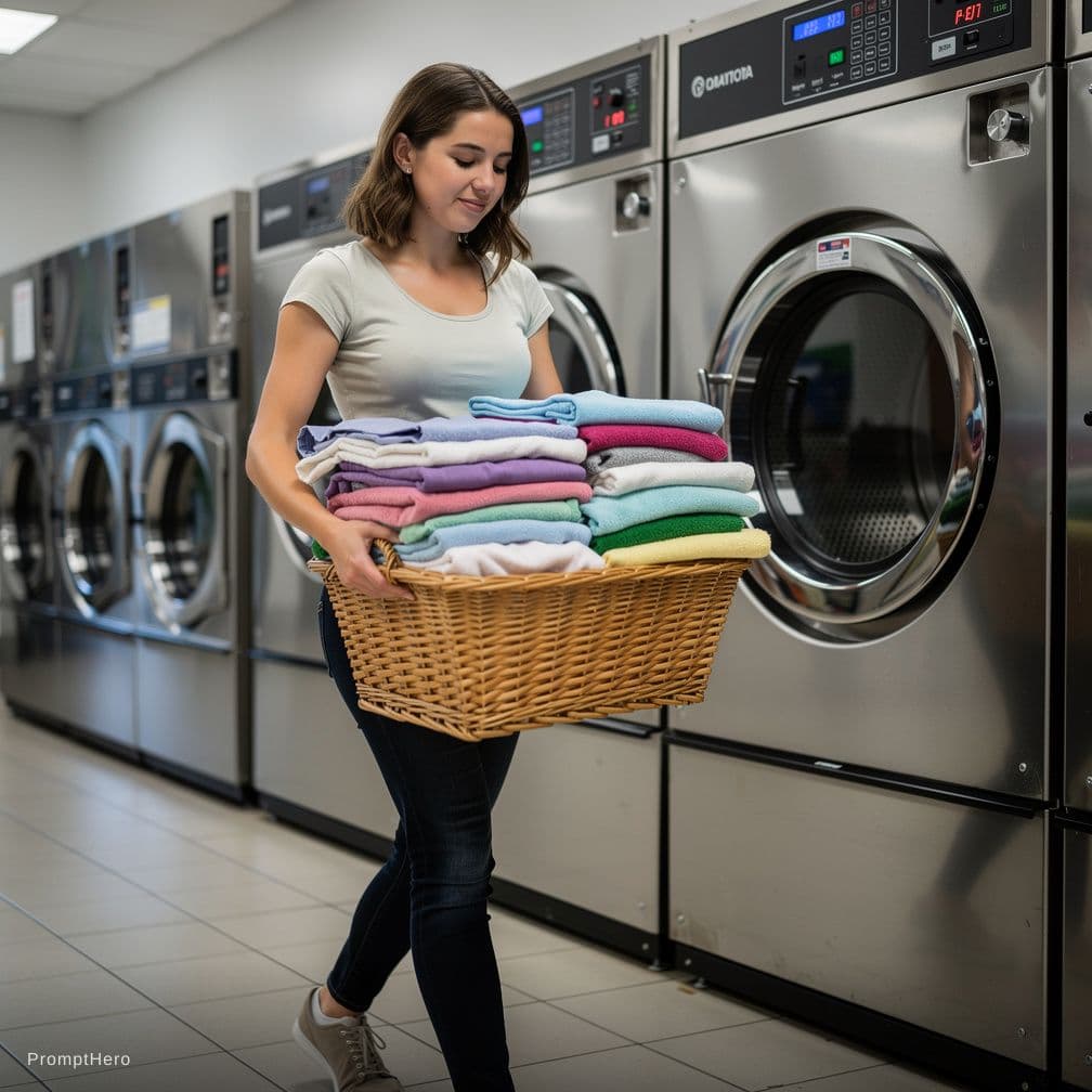 AI generated: An image of the same girl carrying a bascket full of clean laundry away from an industrial laundry m...