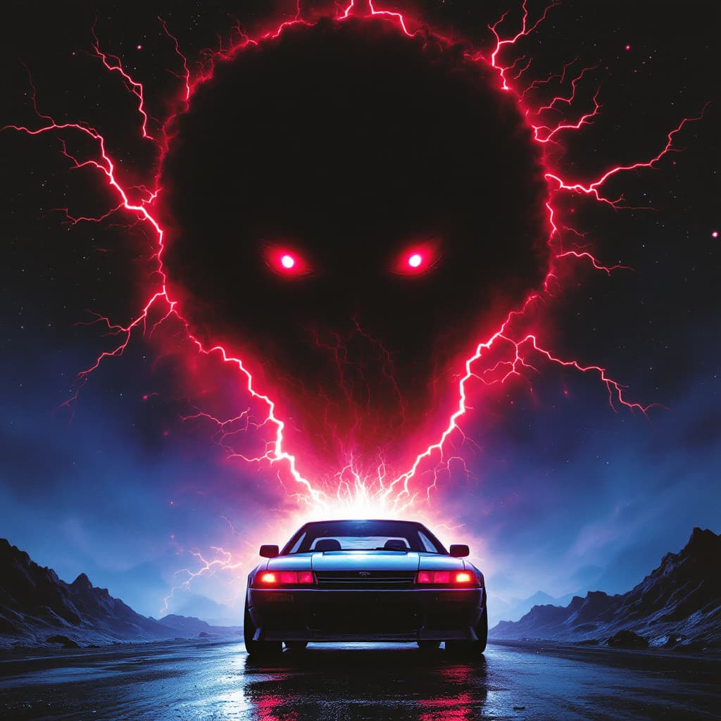 AI generated: void pursuit
old JDM car
looking at camera
red lightning eyes
90's poster
small eclipse
character - ...