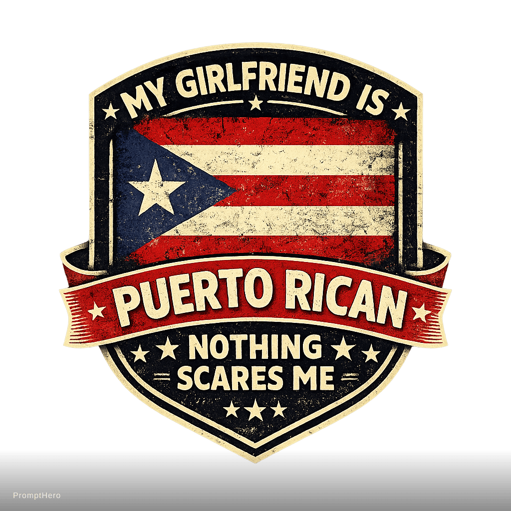 AI generated: vintage badge emblem t-shirt design, Puerto Rican flag integrated into a retro badge logo, bold curv...
