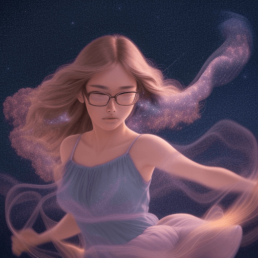 AI generated: the supermodel girl with glasses dance in the peaceful ambience of the Ghibli style anime night, int...