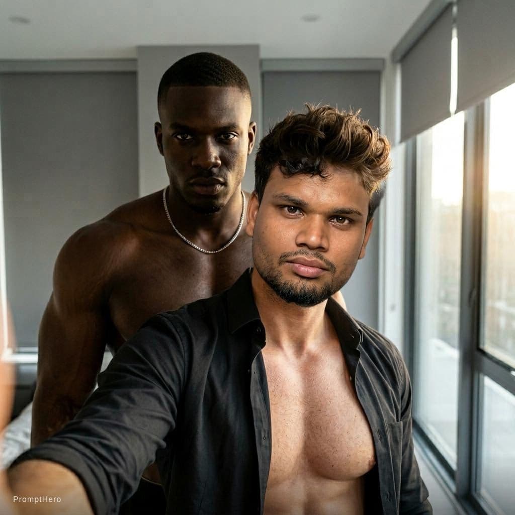 AI generated: "Hyper-realistic intimate mirror selfie photograph or video still of two extremely attractive, shirt...