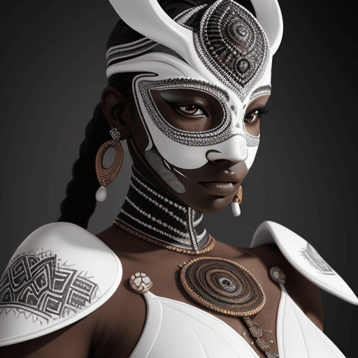 AI generated: intricate closeup shot, masterpiece artwork, black skin-tight body, tribal, suit, white accent, deta...