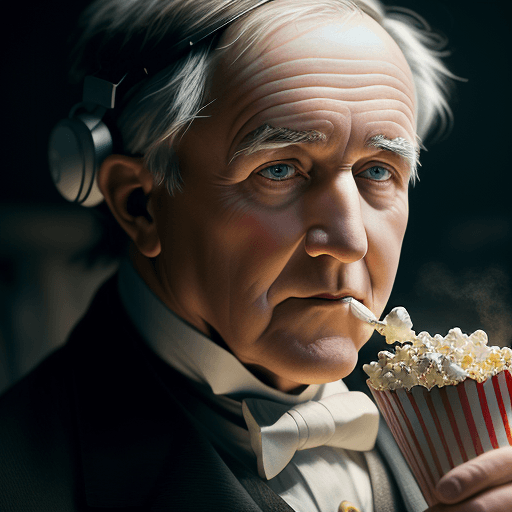 AI generated: Thomas Edison, wearing headsets and eating popcorn sharp focus, studio photo, intricate details, hig...