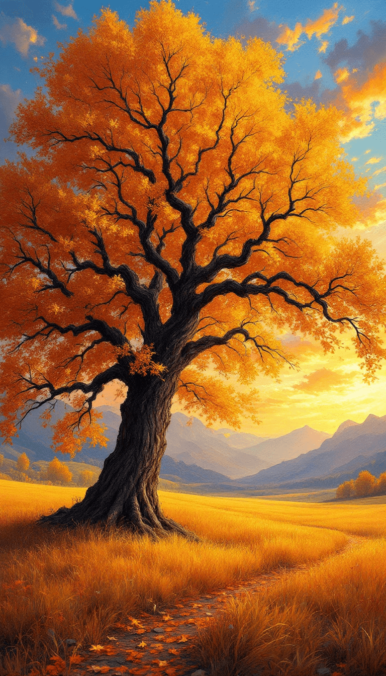 AI generated: A majestic autumn tree with thick branches and glowing golden leaves, illuminated by a radiant sunse...