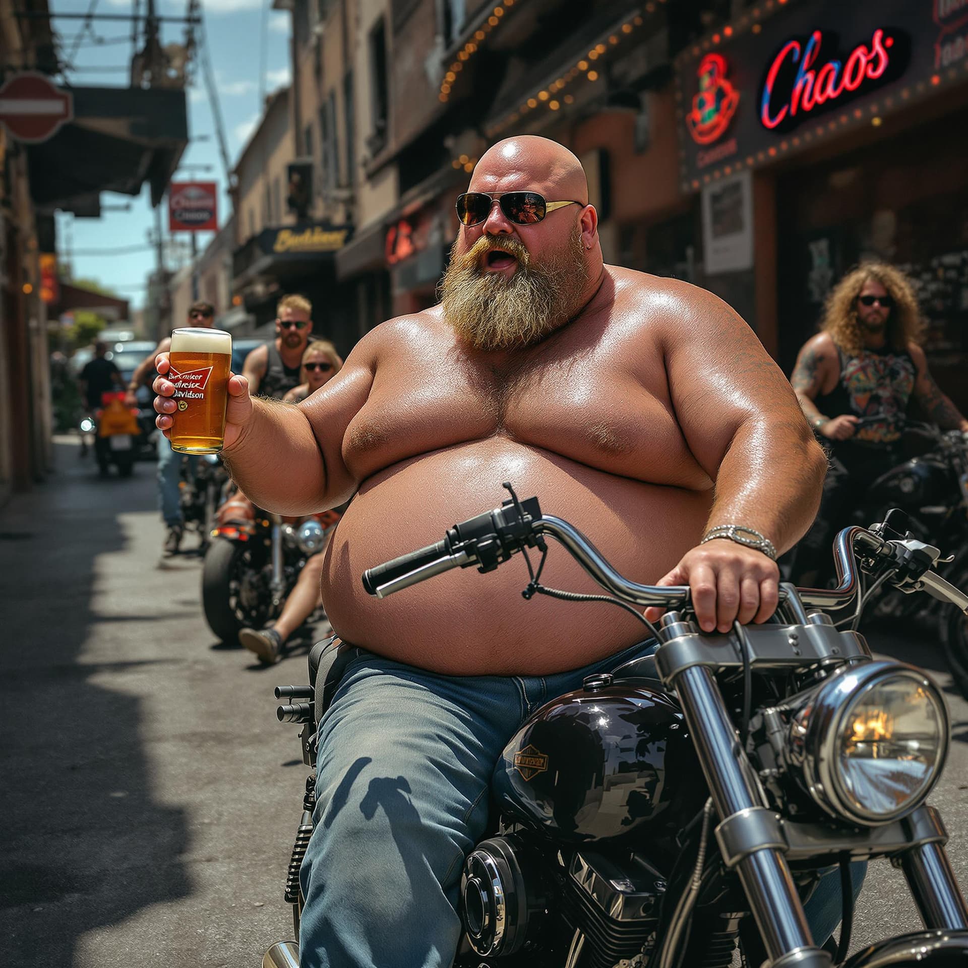AI generated: Fat shirtless hairy guy, sitting on a Harley Davidson motorcycle, Budweiser beer in hand, motorcycle...