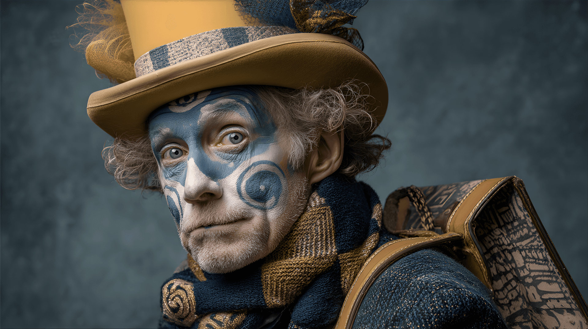 AI generated: middle-aged man,  with intricate clown-like makeup,  deep blue and white, with red details,  and a y...
