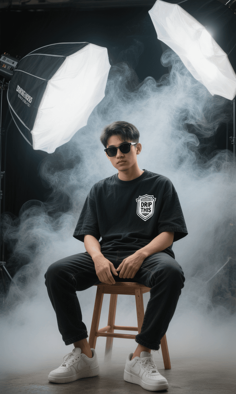 AI generated: Indonesian young man, around 25-30 years old, sitting casually on a simple wooden stool, wearing bla...