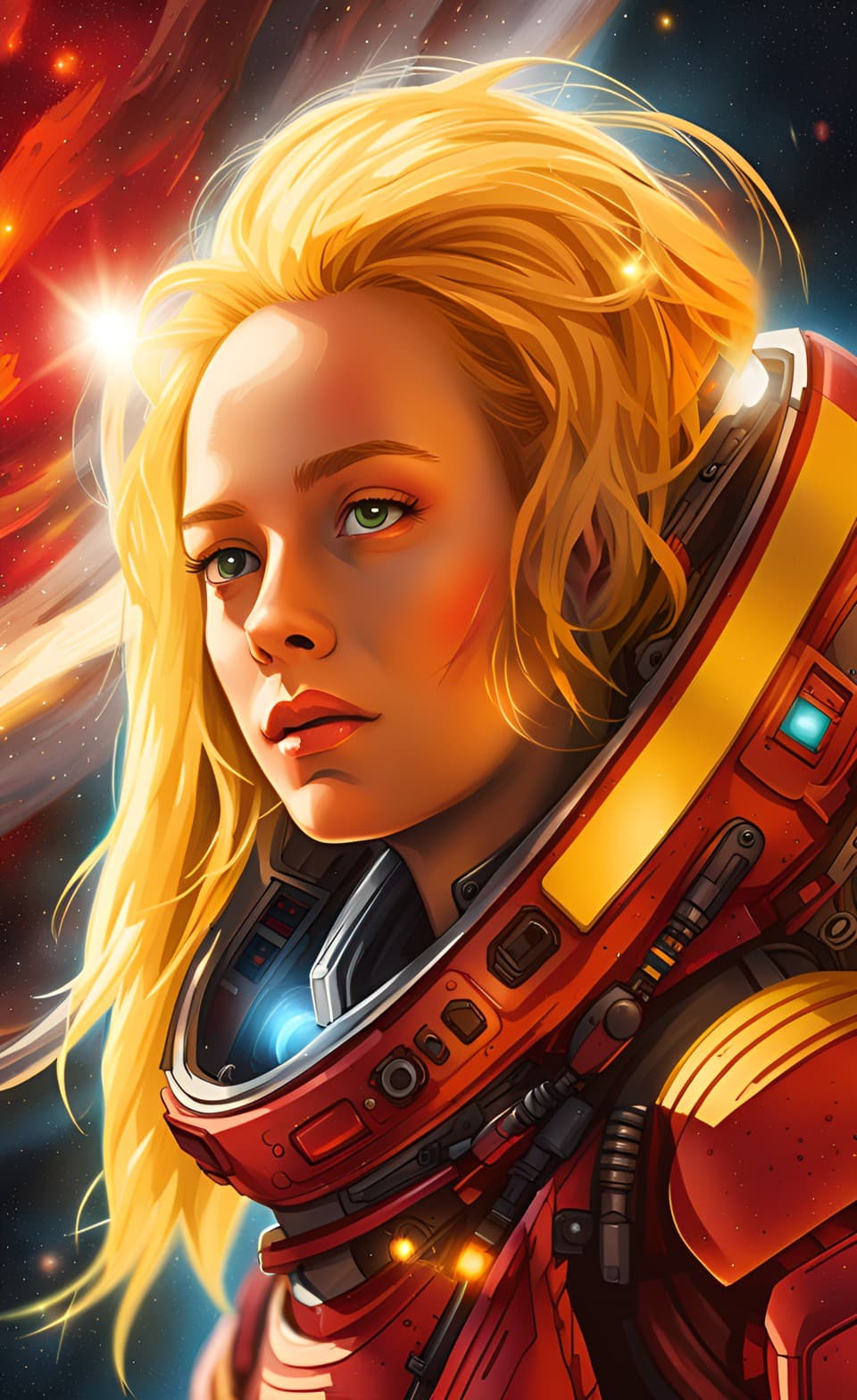 AI generated: A sci-fi Anime style painting portrait poster of female art character with long blond messy hair, sp...