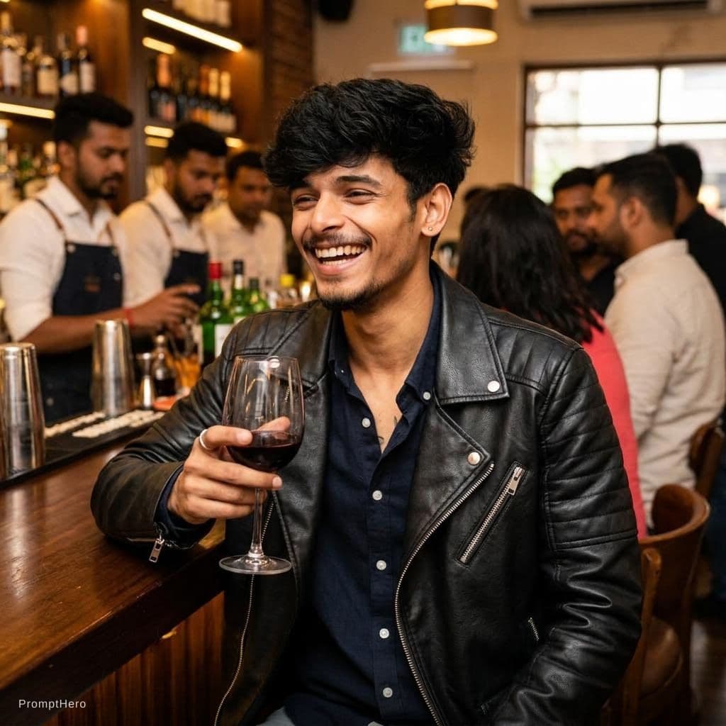 AI generated: At bar holding glass of wine in black lather jacket 