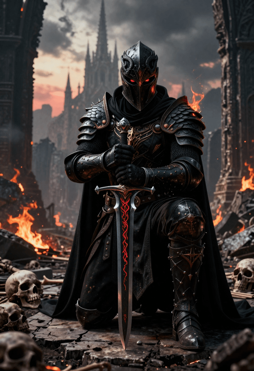 AI generated: A solitary figure clad in intricate black armor kneels upon a cracked stone platform amidst the ruin...