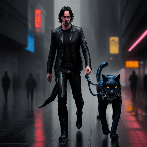 AI generated: sad keanu reeves with cyber cat walking in rain (cyberpunk style) . hyper realistic 