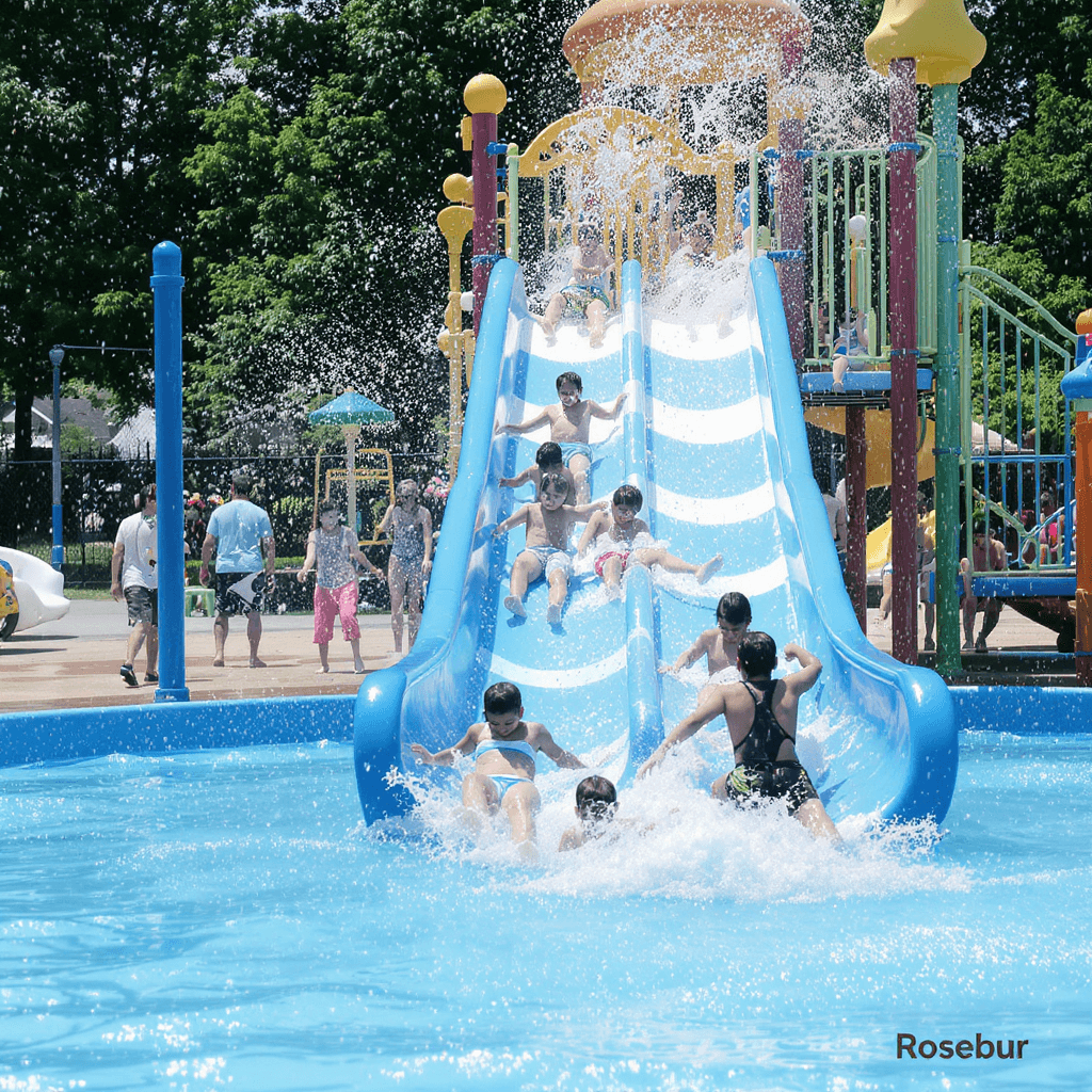 AI generated: 4k HD highly detailed realistic image of a water park with a slide in a neighborhood park. Ethnic ki...