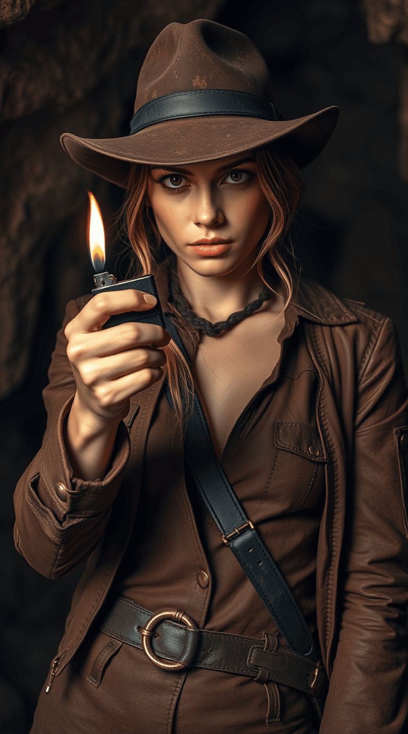 AI generated: RAW photo of Samara Weaving as Indiana Jones, the brown leather jacket, brown worn out leather hat, ...
